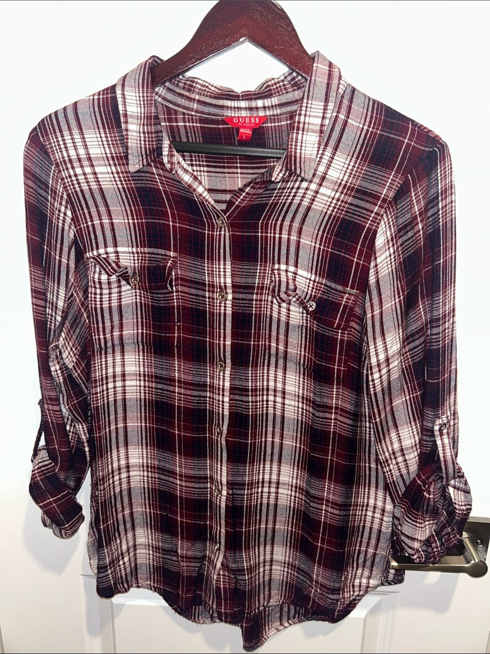 GUESS Burgundy and White Plaid Button-Down Shirt Size L